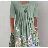 economico Abito Floreale-Vestito Midi Donna Vestito Casual Floreale Arricciato Stampa con Tasche Collo Giro Base Classico Quotidiano Manica Corta Estate Primavera
