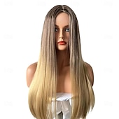 economico Parrucche trendy sintetiche-parrucche marroni per le donne parrucche bionde lunghe oro chiaro parrucche rosa ombre capelli sintetici capelli evidenziati parrucche scure radici 26 pollici
