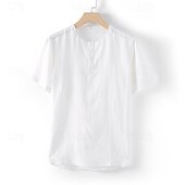 Men's Shirt White Cotton Shirt Casual Shirt Cotton Linen Shirt Plain Vacation Street White Beige Short Sleeve Crew Neck Summer Clothing Apparel Button-Down 13