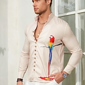 voordelige Vogels &amp; Dieren-Voor heren Papegaai Overhemd Hawaiiaans overhemd Aloha-shirt Lange mouw Overhemd Opstaand Modieus Ontwerper Casual Buiten Vakantie Straat Wit blauw Blauw / Wit S M L
