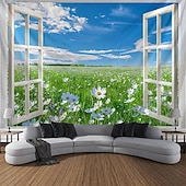 お買い得  風景タペストリー-窓の花畑吊りタペストリー壁アート大きなタペストリー壁画装飾写真背景ブランケットカーテン家寝室リビングルーム装飾