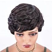 abordables Perruques sans bonnet-Perruques de cheveux humains avec frange cheveux courts noir machine vague bob pour les femmes noires perruques