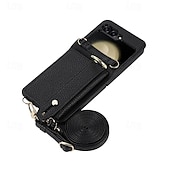 levne Pouzdra pro Samsung-telefon Carcasă Pro Samsung Galaxy Z Flip 6 Z Flip 5 Z Flip 4 Z Flip 3 Zadní kryt se stojánkem s poutkem na zápěstí Slot pro kartu Retro TPU Kov PU kůže