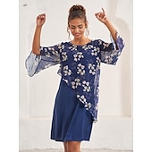 billige Blomstrete kjoler-kvinners bryllup gjestekjole en linje kjole elegant blomstret midikjole chiffon utsvingte ermer rund hals patchwork vanlig passform bryllup gjestecocktailparty blå sommer