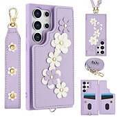 baratos Capa Samsung-telefone Capinha Para Samsung Galaxy S24 Ultra Plus S23 Ultra Plus S22 Plus Ultra A55 A35 A25 A15 5G A54 A34 A14 S25 Ultra Capa traseira Com Suporte Magnética com cordão Retro flor floral TPU Couro PU