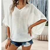 preiswerte Einfarbige Farben-Damen Pullover Elegant Feste Farbe Gehäkelt V Ausschnitt Strick Halbe Ärmel Normale Oberteile Stricken Täglich Weinrot Weiß Sommer
