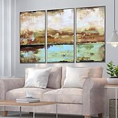 baratos Pinturas Abstratas-grande artesanal bege turquesa paisagem pintura em folha de ouro pinturas a óleo tríptico abstratas feitas à mão sobre tela arte de parede de grandes dimensões ste de 3 pintura a óleo para sala de