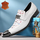 billiga Premium läder Loafers-loafers i punkstil i premiumkoskinn för män - slip-on skor med konstnärligt tryck med dekorativt spänne och spetsad metalltåhätta