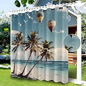 preiswerte Wasserdichte Vorhänge-Wasserdichter Outdoor Vorhang Sichtschutzvorhang für den Außenbereich, Schiebevorhänge für die Terrasse, Pergola mit Ösen, Strand-Palmen-Landschaft für Pavillon, Balkon, Veranda, Party, 1 Panel