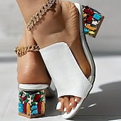 economico Infradito da Vacanza-sandali bianchi da donna con punta aperta e stampa coccodrillo – eleganti tacchi a blocco slip-on con decorazioni in strass colorati per feste ed estate