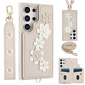 baratos Capa Samsung-telefone Capinha Para Samsung Galaxy S24 Ultra Plus S23 Ultra Plus S22 Plus Ultra A55 A35 A25 A15 5G A54 A34 A14 S25 Ultra Capa traseira Com Suporte Magnética com cordão Retro flor floral TPU Couro PU