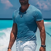 economico T-shirt in Cotone e Lino-Per uomo Maglietta Maglie traspiranti Manica Corta Scollo a V Semplice Sport Essenziale Casual Casuale Blu chiaro Nero Bianco Maglietta Top per Uomo