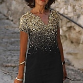 economico Abito Floreale-Abito Midi da Donna Abito Cocktail Collo a V Paillettes Gradiente Nero Elegante Abito al Ginocchio Feste Sera Maniche Corte Fit Regolare