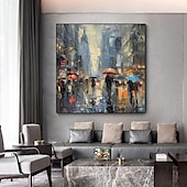 levne Abstraktní malby-chodec s deštníky v deštivém městě malba olejomalba ručně malovaná deštivé město olejomalba ručně vyráběná panoráma města umění městská malba plátno domácí dekorace natažený rám připravený k zavěšení