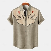 voordelige Klassiek-Voor heren Overhemd linnen overhemd retro-overhemden Vintage overhemd Etnisch shirt Bloemig Buiten Werk blauw Oranje Grijs Korte mouw Strijkijzer Zomer Lente Kleding