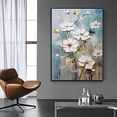 preiswerte Blumen-/Botanische Gemälde-handgemachtes Ölgemälde auf Leinwand, Wandkunst, Dekoration, dickes Öl, weiße abstrakte Blumen für die Inneneinrichtung, gerolltes, rahmenloses, ungedehntes Gemälde