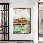 baratos Pinturas Abstratas-grande artesanal bege turquesa paisagem pintura em folha de ouro pinturas a óleo tríptico abstratas feitas à mão sobre tela arte de parede de grandes dimensões ste de 3 pintura a óleo para sala de