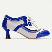 olcso 1950-es évek-vintage oxford fűzős női brogue-sarkú – kéttónusú retro stílusú cipő elegáns virágos talpbetéttel és cicasarokkal formális és hétköznapi alkalmakra