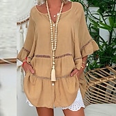 abordables Chemises-Femmes Chemise Chemises inspirées du lin Chemisier Uni Mode Col en V Rue Quotidien Découpé Longue Blanche Jaune Rouge Marron Été