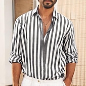 preiswerte Business Casual-Herren Hemd Weißes Baumwollhemd Freizeithemd Baumwoll-Leinen-Hemd Gestreifte Hemden Gestreift Urlaub Hawaiianisch Schwarz Rosa Rote Marineblau Langarm Umlegekragen Frühling &amp; Herbst Bekleidung