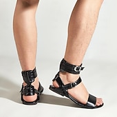 cheap Vacation Sandals-Men&#039;s Black Gladiator Sandals – Faux Leather Ankle Strap Flat Sandals with Buckle Closure for Summer Fashion, Beachwear, and Festivals