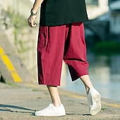 baratos Retrô-Homens Calças de linho Calças Capri Calça verão Calças de praia Bolsos Com Cordão Cintura elástica Tecido Conforto Respirável Comprimento da panturrilha Férias Diário Feriado Havaiana Boho Preto