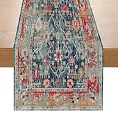 cheap Tablecloth-Bohemian Style Table Runner, Linen, Vintage Geometric Flower Print, Home Coffee Table, Dinner Table Decoration, Tablecloth