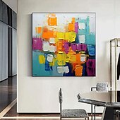 お買い得  抽象画-キャンバスに手描きのカラーブロック抽象油絵、カラフルな絵画、現代抽象芸術油絵、手作りのファンタジー絵画、テクスチャ絵画、パトルナイフ油絵