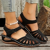 abordables Sandales Décontractées-Sandales compensées rétro pour femmes, couleur unie, bout fermé, chaussures découpées, sandales décontractées à bride arrière, noir, bleu, orange