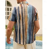 economico Classico-Per uomo Camicia camicia di lino camicie retrò Camicia d'epoca Camicia etnica A strisce Formale Esterno Blu Manica corta Collo ripiegabile Estate Abbigliamento