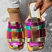 baratos Chinelos de slide-sandálias femininas coloridas de tiras metálicas – sapatilhas vibrantes com estampa de cobra para uso casual no verão e em festivais