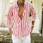 preiswerte Business Casual-Herren Hemd Leinenhemd Sommerhemd Freizeithemd Strandhemd Knopfhemd Gestreift Urlaub Ferien Schwarz Gelb Rosa Rot Langarm Umlegekragen Frühling &amp; Herbst Bekleidung Button-Down
