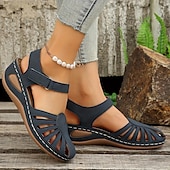 abordables Sandales Décontractées-Sandales compensées rétro pour femmes, couleur unie, bout fermé, chaussures découpées, sandales décontractées à bride arrière, noir, bleu, orange