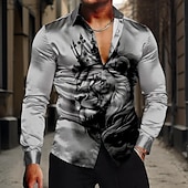 abordables Chemise en Satin pour Homme-Homme Lion Lit 2 Places &#039;King&#039; Chemise Chemise boutonnée manche longue Décontractées Formel Eté Printemps Automne Col rabattu Boutons Imprimer Blanche Jaune Bleu Gris