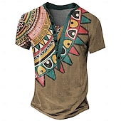 levne Etnický styl-Pánské Grafika Etno Tričko Henley Krátký rukáv 3D tisk Módní Designové Základní Denní Léto Královská modř Světle hnědá Khaki Stojáček Tričko Henley