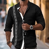 abordables Vacaciones-Hombre Camisa camisa de lino Camisa Guayabera Camisa con cuello mao Camisa de verano Ropa de playa Vacaciones Maldición Negro Blanco Rosa Azul Piscina Manga Larga Cuello Mao Primavera verano Ropa