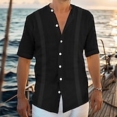 economico Vacanza-Per uomo Camicia camicia di lino Camicia Guayabera Camicia con colletto a fascia Camicia estiva Abbigliamento mare Liscio Da mare Curise Nero Bianco Blu Verde Manica corta Colletto Estate
