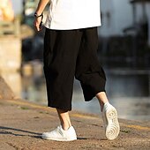 baratos Retrô-Homens Calças de linho Calças Capri Calça verão Calças de praia Bolsos Com Cordão Cintura elástica Tecido Conforto Respirável Comprimento da panturrilha Férias Diário Feriado Havaiana Boho Preto