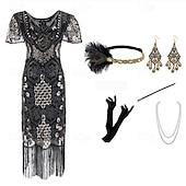 baratos Conjuntos-Retro Vintage Loucos anos 20 Anos 20 Vestido melindroso Roupa Vestido Coquetel O Grande Gatsby Convidado do casamento Paetês Franjas Mulheres Natal Carnaval Baile de Máscaras Festa / Noite Mascarilha