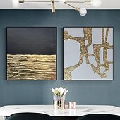 お買い得  油絵-手描きのオリジナルテクスチャーウォールアート、特大の金と黒の抽象アート、豊かな質感のキャンバスアート、抽象モダンアート、金箔の絵画、ホームデコレーション、すぐに掛けられるストレッチフレーム、またはフレームなし