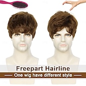 billige Herreparykker-herreparykk, kort brun parykk for menn lagdelt naturlig fluffy syntetisk hår parykk varmebestandig halloween cosplay parykk