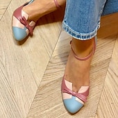 levne Šaty sandály-dámské retro dvoubarevné lodičky na vysokém podpatku – růžový a modrý pásek s mašlí, perfektní pro outfity inspirované vintage a neformální elegantní vzhled