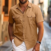 cheap Men&#039;s Button Up Shirts-Men&#039;s Shirt Summer Shirt Beach Wear Button Up Shirt Casual Shirt Black White Yellow Blue Dark Green Short Sleeve Solid Color Lapel Daily Vacation Pocket Clothing Apparel Fashion Casual Comfortable