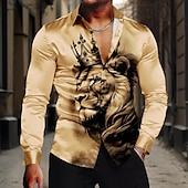 abordables Chemise en Satin pour Homme-Homme Lion Lit 2 Places &#039;King&#039; Chemise Chemise boutonnée manche longue Décontractées Formel Eté Printemps Automne Col rabattu Boutons Imprimer Blanche Jaune Bleu Gris