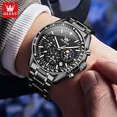 levne Quartz hodinky-nové olevy olevs módní trend pásek z nerezové oceli pánské obchodní hodinky kalendář svítící fáze měsíce jednoduché volnočasové quartzové hodinky voděodolné sportovní pánské náramkové hodinky
