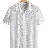economico camicia da uomo con bottoni-Per uomo Camicia Camicia Estiva Camicia a rete Camicia trasparente Camicetta trasparente Bianco Manica Corta Semplice Collo Camp Vacanza Camicia hawaiana Rete Abbigliamento Poliestere Moda Casual