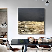 お買い得  油絵-手描きのオリジナルテクスチャーウォールアート、特大の金と黒の抽象アート、豊かな質感のキャンバスアート、抽象モダンアート、金箔の絵画、ホームデコレーション、すぐに掛けられるストレッチフレーム、またはフレームなし
