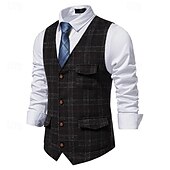 tanie Kamizelki-Męskie Kamizelka Biznes Codzienny Wesele Sukienka Wygodny Wiosna, jesień, zima, lato Poliester 95% poliester 5% spandex Pled / Check Zapinana z przodu na guziki W serek Regularny Czarny Khaki Szary