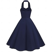cheap Dresses-Retro Vintage 1950s Vacation Dress Midi Dress Swing Dress Flare Dress Halterneck Solid Color Women&#039;s Masquerade Casual Daily Bachelorette Party Adults&#039; Dress Homecoming Dresses