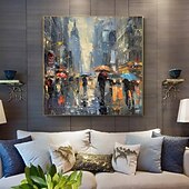 levne Abstraktní malby-chodec s deštníky v deštivém městě malba olejomalba ručně malovaná deštivé město olejomalba ručně vyráběná panoráma města umění městská malba plátno domácí dekorace natažený rám připravený k zavěšení